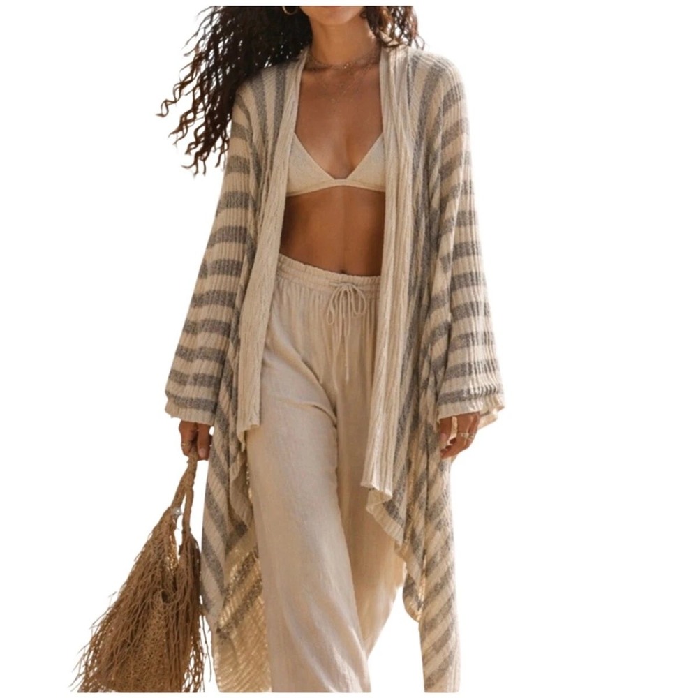 Free People Beach Carly Striped Cardigan Handkerchief Hem Grey Cream Small P